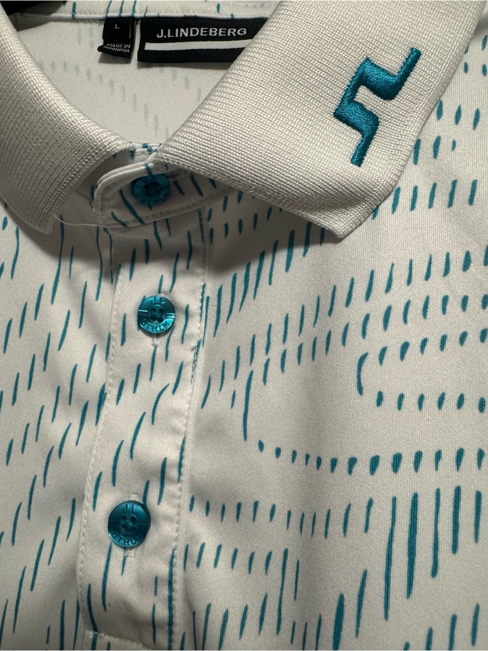 J.Lindeberg White Polo Shirt Top with Teal Accent Pattern — EUC — Size: Large